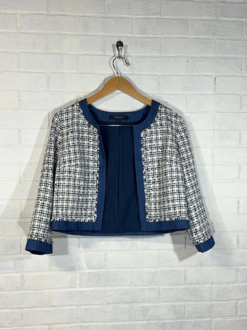 Lafayette 148 Cropped Tweed Open Front Blazer with 3/4 Sleeves in Blue White Bla